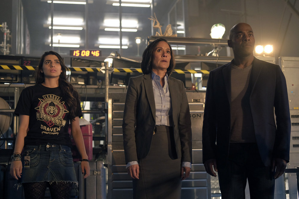 TIMELESS -- "Pilot" -- Pictured: (l-r) Claudia Doumit as Jiya, Sakina Jaffrey as Agent Christopher, Paterson Joseph as Connor Mason -- (Photo by: Joe Lederer/NBC) Timeless Series Premiere Photo Preview | Tell-Tale TV - Part 4