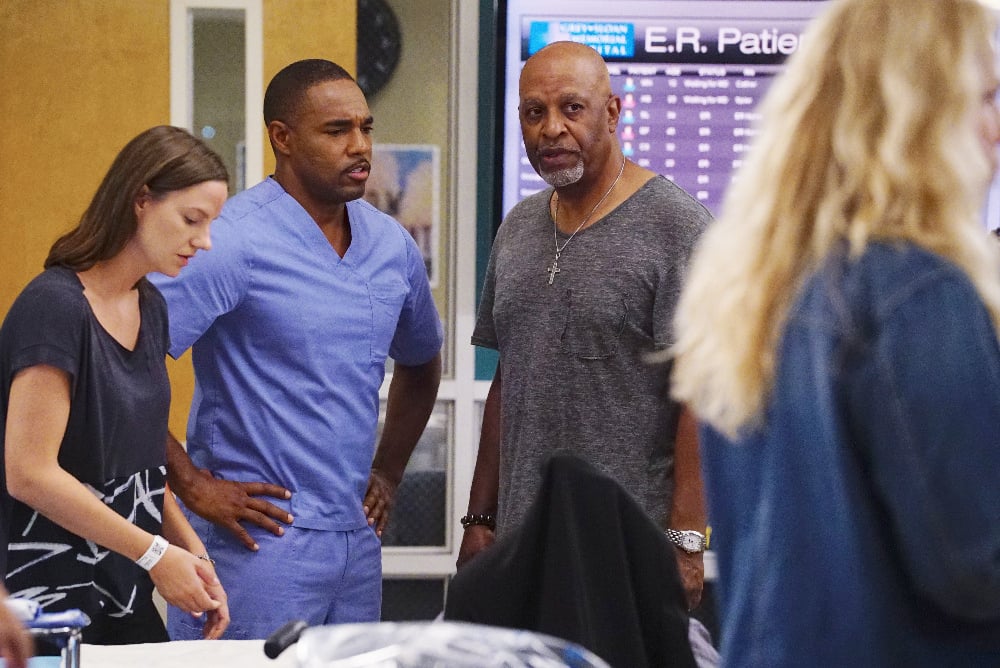 GREY Grey’s Anatomy Photo Preview: Caught in the Middle (Season 13 Episode 3) - Part 2'S ANATOMY - "I Ain't No Miracle Worker" - A car crash at a funeral brings a bickering family into the hospital. Back from New York, Arizona ends up caught between Alex and Andrew. While Ben takes on a new parenting role, Amelia helps Meredith and Maggie through a problem, on "Grey's Anatomy," THURSDAY, OCTOBER 6 (8:00-9:00 p.m. EDT), on the ABC Television Network. (ABC/Richard Cartwright) JASON GEORGE, JAMES PICKENS JR.