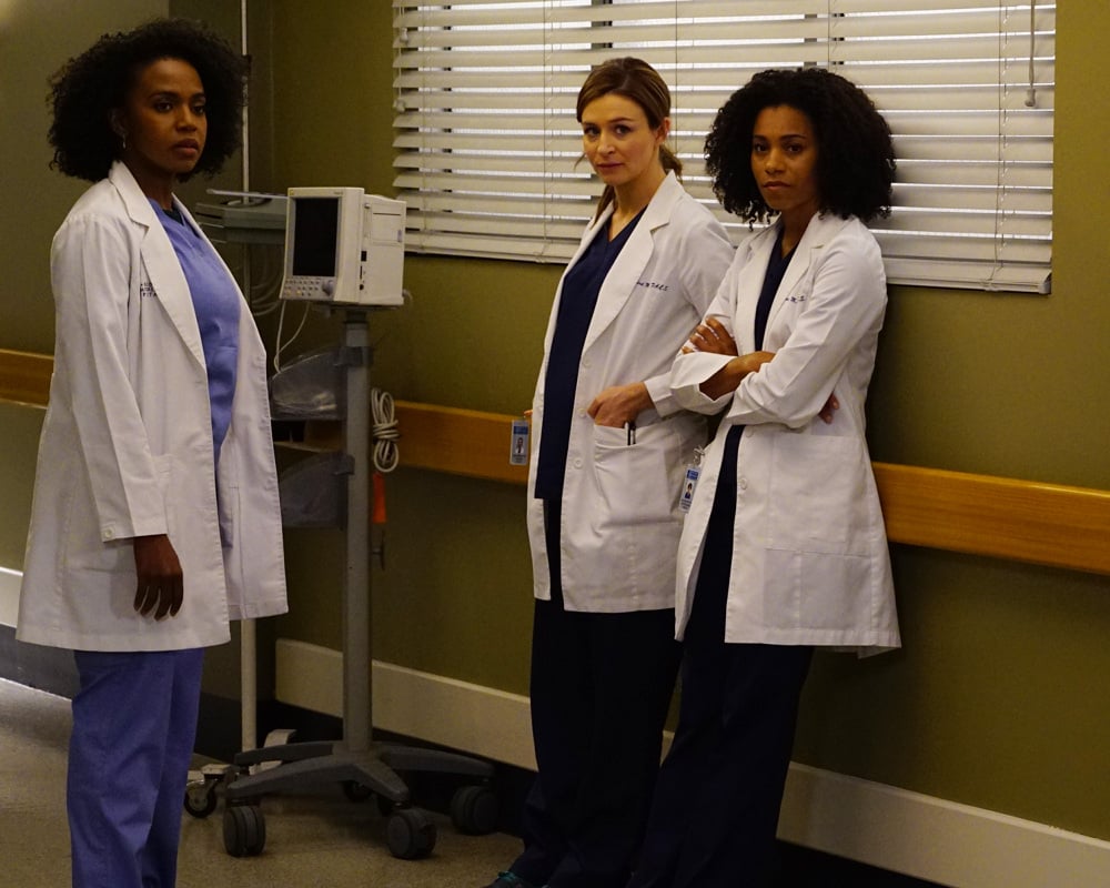 GREY Grey’s Anatomy Photo Preview: Caught in the Middle (Season 13 Episode 3) - Part 3'S ANATOMY - "I Ain't No Miracle Worker" - A car crash at a funeral brings a bickering family into the hospital. Back from New York, Arizona ends up caught between Alex and Andrew. While Ben takes on a new parenting role, Amelia helps Meredith and Maggie through a problem, on "Grey's Anatomy," THURSDAY, OCTOBER 6 (8:00-9:00 p.m. EDT), on the ABC Television Network. (ABC/Richard Cartwright) JERRIKA HINTON, CATERINA SCORSONE, KELLY MCCREARY