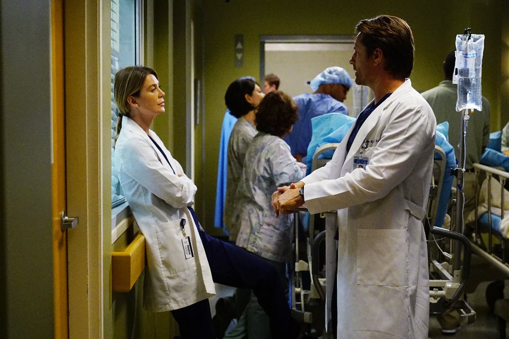 GREY Grey’s Anatomy Photo Preview: Caught in the Middle (Season 13 Episode 3) - Part 3'S ANATOMY - "I Ain't No Miracle Worker" - A car crash at a funeral brings a bickering family into the hospital. Back from New York, Arizona ends up caught between Alex and Andrew. While Ben takes on a new parenting role, Amelia helps Meredith and Maggie through a problem, on "Grey's Anatomy," THURSDAY, OCTOBER 6 (8:00-9:00 p.m. EDT), on the ABC Television Network. (ABC/Richard Cartwright) ELLEN POMPEO, MARTIN HENDERSON