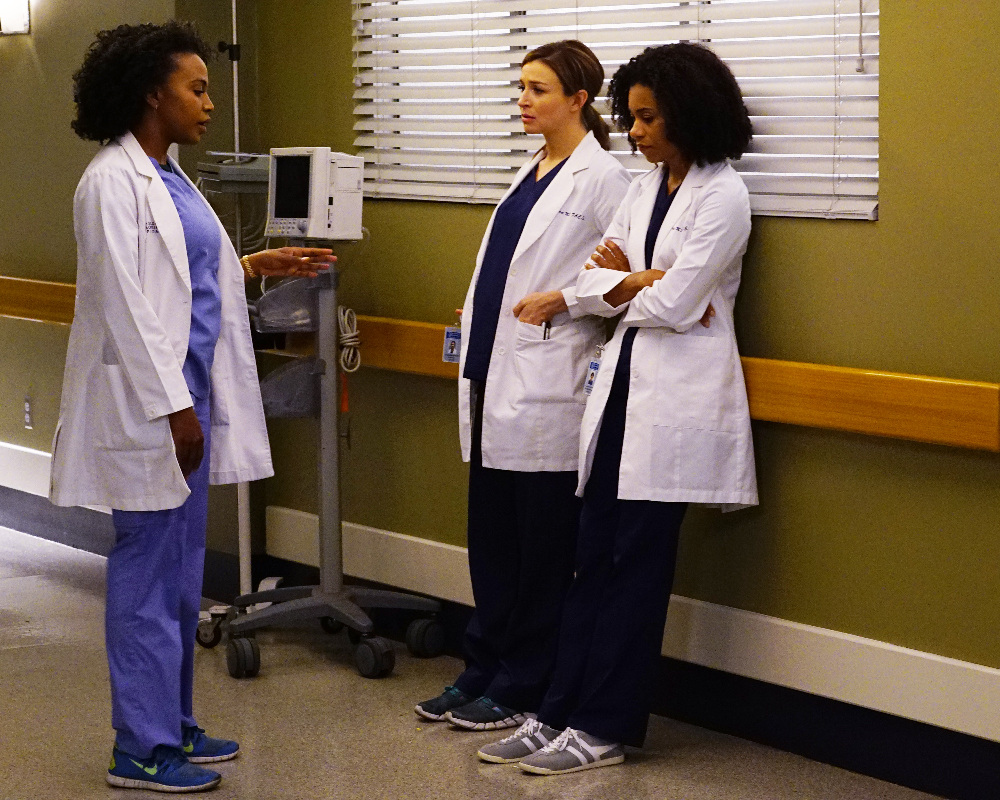 GREY Grey’s Anatomy Photo Preview: Caught in the Middle (Season 13 Episode 3) - Part 4'S ANATOMY - "I Ain't No Miracle Worker" - A car crash at a funeral brings a bickering family into the hospital. Back from New York, Arizona ends up caught between Alex and Andrew. While Ben takes on a new parenting role, Amelia helps Meredith and Maggie through a problem, on "Grey's Anatomy," THURSDAY, OCTOBER 6 (8:00-9:00 p.m. EDT), on the ABC Television Network. (ABC/Richard Cartwright) JERRIKA HINTON, CATERINA SCORSONE, KELLY MCCREARY