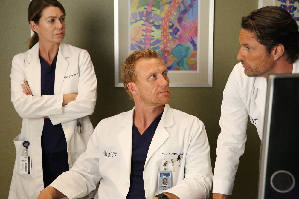 GREY Grey’s Anatomy Photo Preview: It’s Complicated (Season 13 Episode 4)'S ANATOMY - "Falling Slowly" - Alex tries to do the right thing but still cant catch a break. Jackson and April adjust to their "new normal" with the baby. While Meredith and Nathan establish what's going on between them, Amelia questions the state of her relationship with Owen, on "Grey's Anatomy," THURSDAY, OCTOBER 13 (8:00-9:00 p.m. EDT), on the ABC Television Network. (ABC/Mitch Haaseth) ELLEN POMPEO, KEVIN MCKIDD, MARTIN HENDERSON