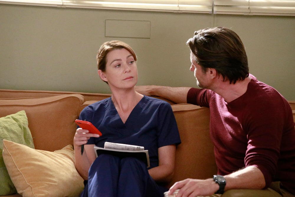 GREY Grey’s Anatomy Photo Preview: It’s Complicated (Season 13 Episode 4) - Part 2'S ANATOMY - "Falling Slowly" - Alex tries to do the right thing but still cant catch a break. Jackson and April adjust to their "new normal" with the baby. While Meredith and Nathan establish what's going on between them, Amelia questions the state of her relationship with Owen, on "Grey's Anatomy," THURSDAY, OCTOBER 13 (8:00-9:00 p.m. EDT), on the ABC Television Network. (ABC/Mitch Haaseth) ELLEN POMPEO, MARTIN HENDERSON
