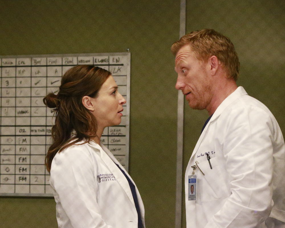 GREY Grey’s Anatomy Photo Preview: It’s Complicated (Season 13 Episode 4) - Part 3'S ANATOMY - "Falling Slowly" - Alex tries to do the right thing but still cant catch a break. Jackson and April adjust to their "new normal" with the baby. While Meredith and Nathan establish what's going on between them, Amelia questions the state of her relationship with Owen, on "Grey's Anatomy," THURSDAY, OCTOBER 13 (8:00-9:00 p.m. EDT), on the ABC Television Network. (ABC/Mitch Haaseth) CATERINA SCORSONE, KEVIN MCKIDD