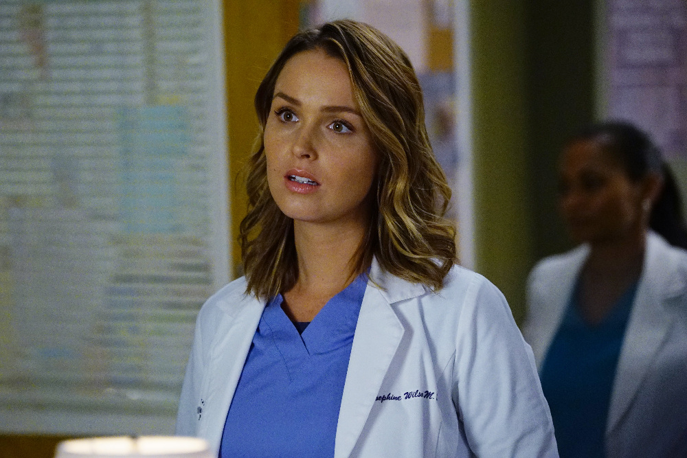 GREY Grey’s Anatomy Photo Preview: It’s Complicated (Season 13 Episode 4) - Part 3'S ANATOMY - "Falling Slowly" - Alex tries to do the right thing but still cant catch a break. Jackson and April adjust to their "new normal" with the baby. While Meredith and Nathan establish what's going on between them, Amelia questions the state of her relationship with Owen, on "Grey's Anatomy," THURSDAY, OCTOBER 13 (8:00-9:00 p.m. EDT), on the ABC Television Network. (ABC/Richard Cartwright) CAMILLA LUDDINGTON