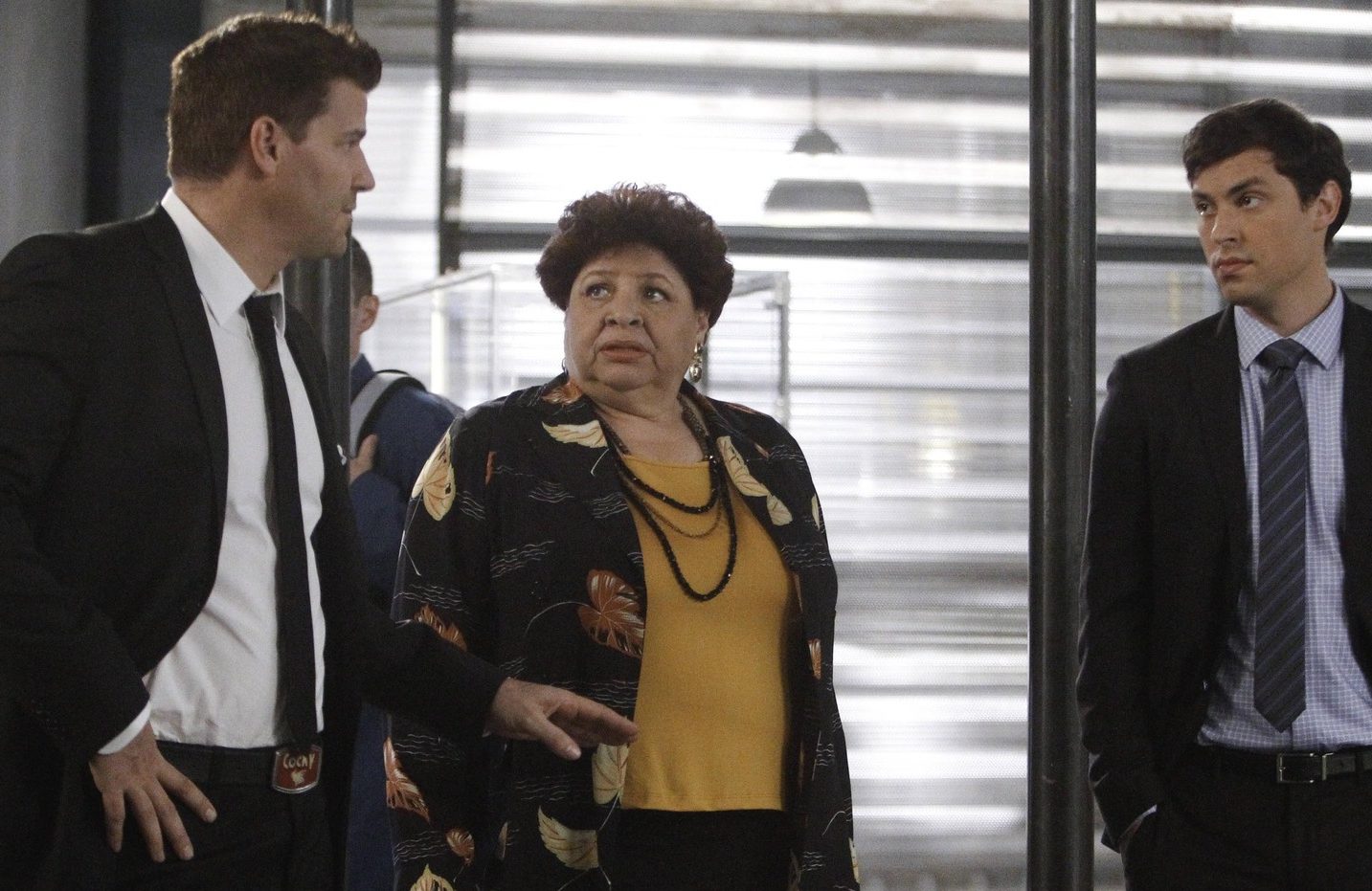 BONES: L-R: Booth (David Boreanaz), Asst. U.S. Attorney Caroline Julian (Patricia Belcher) and Sweets (John Francis Daley) find a way to implicate Pelant in their current case in the "The Corpse in the Canopy" episode of BONES airing Monday, Jan. 21 (8:00-9:00 PM ET/PT) on FOX. ©2013 Fox Broadcasting Co. CR: Jordin Althaus/FOX