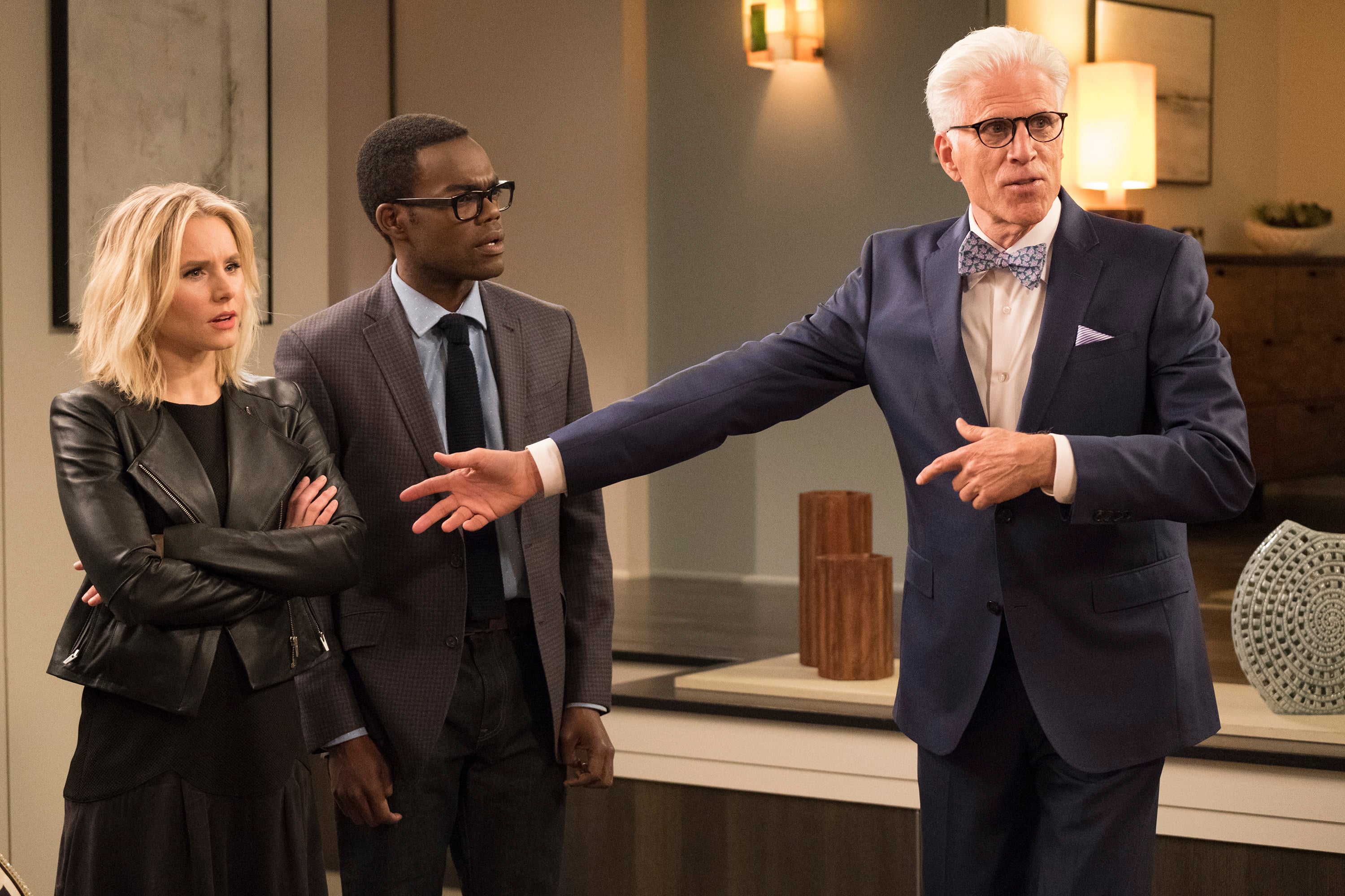 THE GOOD PLACE -- "Everything is Great!" Episode 201 -- Pictured: (l-r) Kristen Bell as Eleanor, William Jackson Harper as Chidi, Ted Danson as Michael -- (Photo by: Colleen Hayes/NBC) The Good Place Photo Preview: A New Life (Season 2 Episode 1) - Part 3 THE GOOD PLACE -- "Everything is Great!" Episode 201 -- Pictured: (l-r) Kristen Bell as Eleanor, William Jackson Harper as Chidi, Ted Danson as Michael -- (Photo by: Colleen Hayes/NBC)