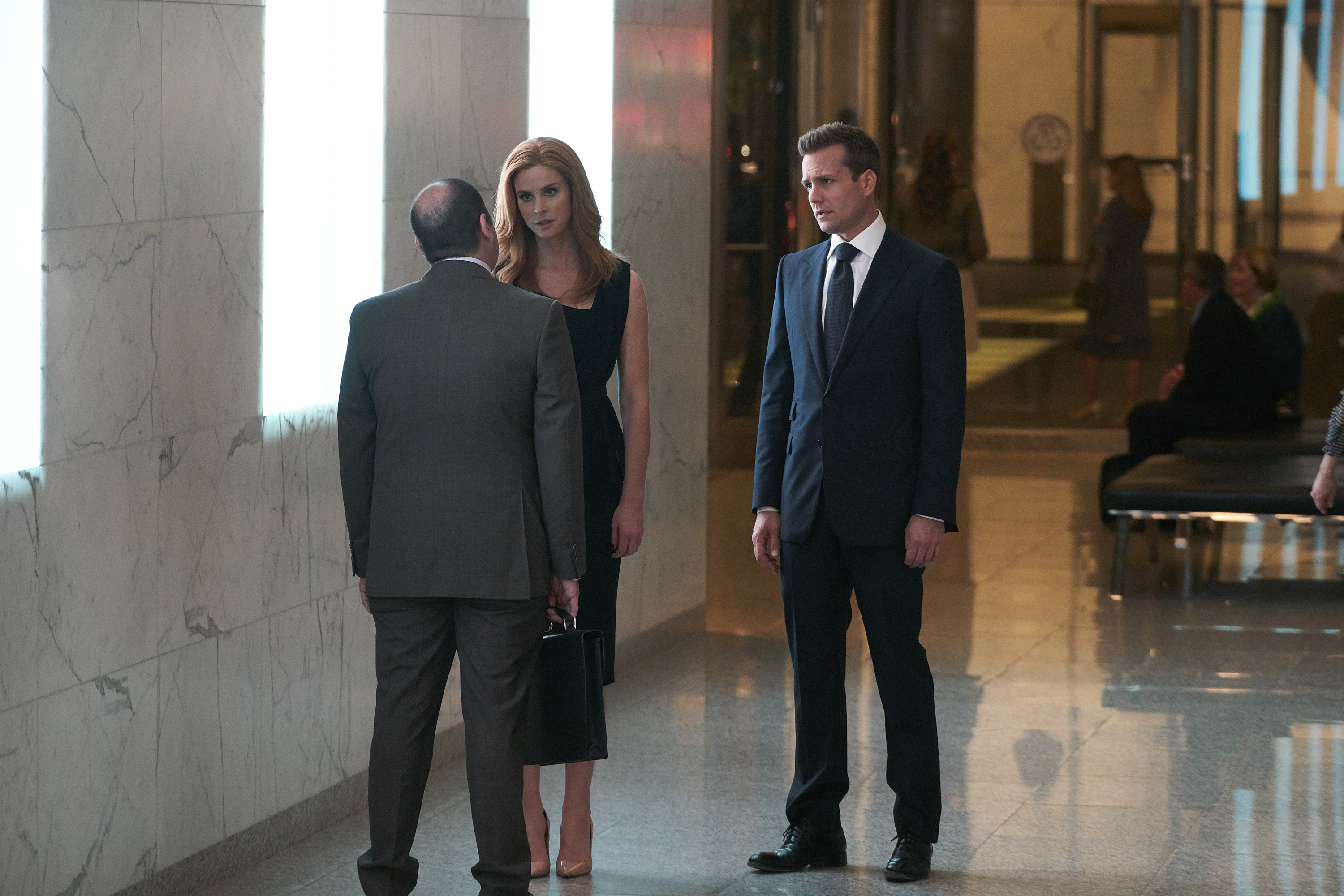 SUITS -- "Shame" Episode 709 -- Pictured: (l-r) Sarah Rafferty as Donna Paulsen, Gabriel Macht as Harvey Specter -- (Photo by: Ian Watson/USA Network) Suits Photo Preview: Father-Daughter Bonding (Season 7 Episode 9) - Part 2 SUITS -- "Shame" Episode 709 -- Pictured: (l-r) Sarah Rafferty as Donna Paulsen, Gabriel Macht as Harvey Specter -- (Photo by: Ian Watson/USA Network)