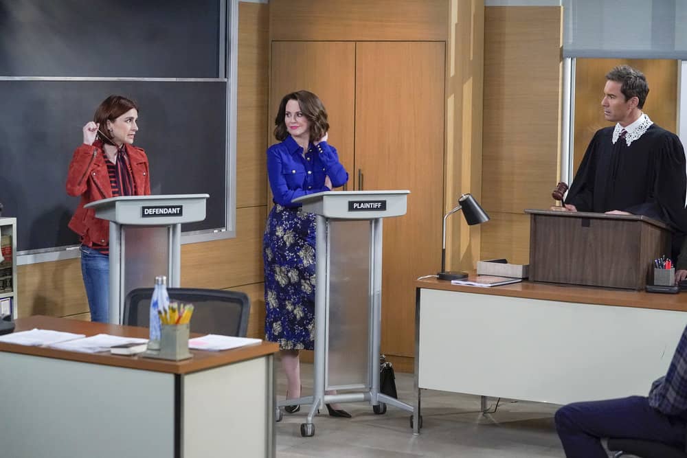 Will and Grace Season 2 Episode 15: The Scales of Justice Will & Grace Review: The Scales of Justice (Season 10 Episode 11) WILL & GRACE -- "The Scales of Justice" Episode 215 -- Pictured: (l-r) Aya Cash as Olivia Walker, Megan Mullally as Karen Walker, Eric McCormack as Will Truman -- (Photo by: Chris Haston/NBC)