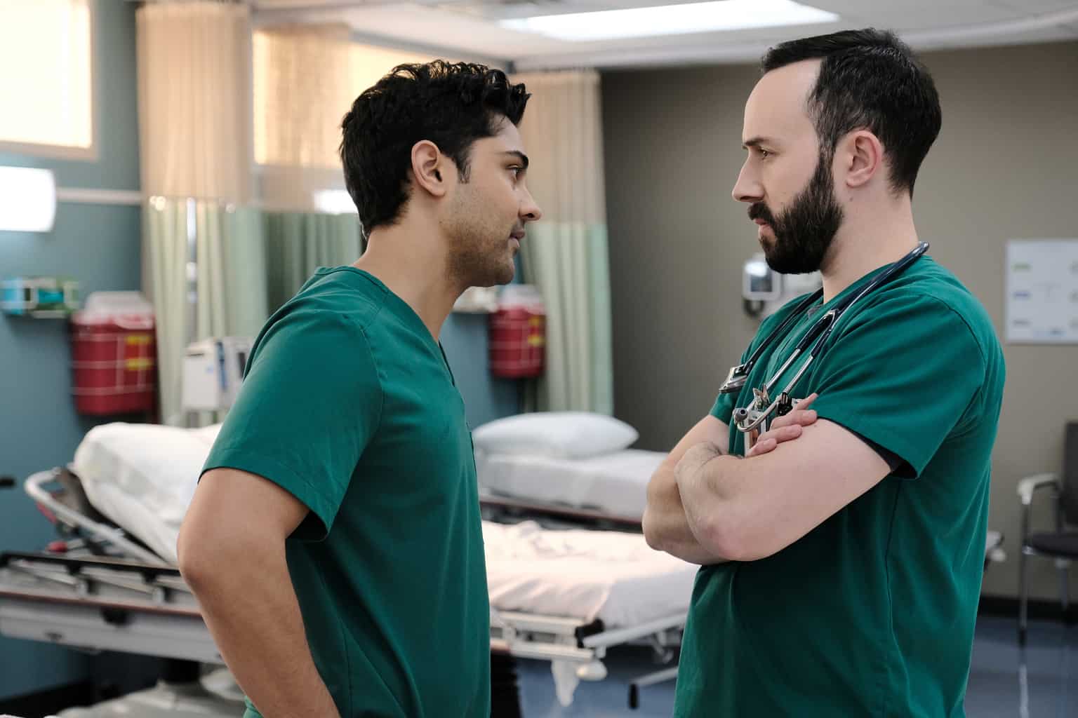 TR-215_SCN15_GD0026 Preview — The Resident Season 2 Episode 15: Queens - Part 2 The Resident Season 2 Episode 15 - Manish Dayal as Devon Pravesh and Tasso Feldman as Irving Feldman