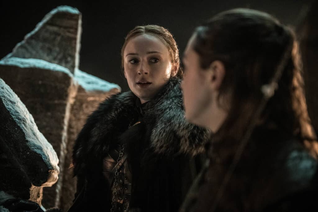 Game of Thrones Season 8 Episode 3 (debut 4/28/19): Sophie Turner, Maisie Williams. photo: Helen Sloan/HBO What to Watch on TV: Week of April 28th Game of Thrones Season 8 Episode 3 (debut 4/28/19): Sophie Turner, Maisie Williams.
photo: Helen Sloan/HBO